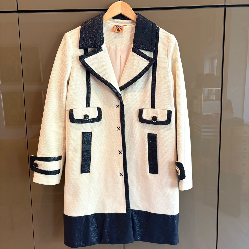 Tory Burch Navy Faux Leather Trim Trench Coat – Size Medium